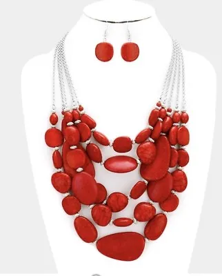 $18.30 • Buy Dark Red Statement Turquoise Multi Layered Bead Chunky Necklace Earring Set