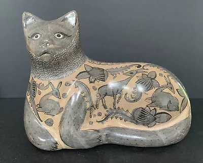 Vtg. Tonala Mexico Hand Painted Folk Art Pottery Cat Figurine-Grey Florals/Deer • $58