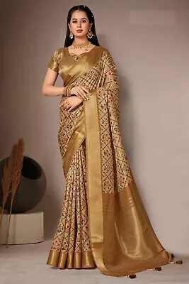 Beige Digital Printed Tassel Border Bhagalpuri Silk Designer Party Wear Saree • $58.95