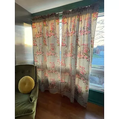 Vintage 1950s MCM Barkcloth Curtain Asian Inspired Grey Pink Price Per Panel • $130