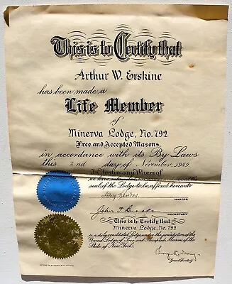 Nov 2 5949 Member Certificate Minerva Lodge #792-Free Masons Of New York State • $15