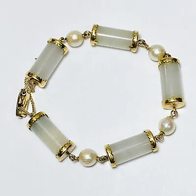 Ming's Honolulu GG Certified 14K Yellow Gold Jadeite Pearl 7.5  Bracelet 25.9g • $1350