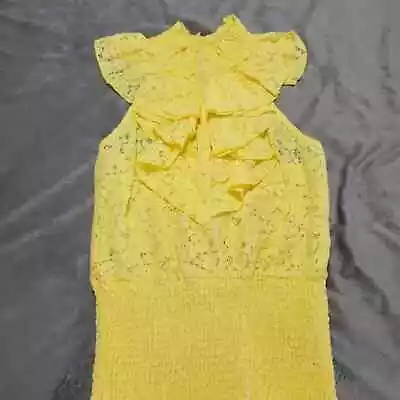 Yahada Shirt Women Size Small Yellow Halter Lace Sheer Smock Button Front Blouse • $14.99