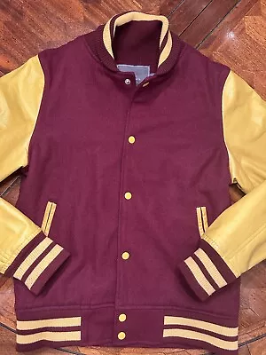 Men's Hawkings McGill Plain Varsity Jacket Small Snap Buttons Burgundy/Mustard • $25.55