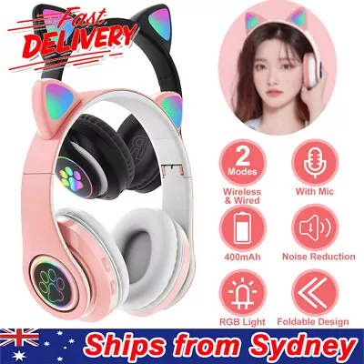 New Gaming Cat Ear Headphones LED Lights Headset Cute Wireless Bluetooth 5.0 AU • $18.89