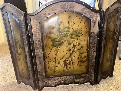 Vintage Tri-fold Wooden Fire Place Screen With Giraffe Leather And Rivets • $99.99