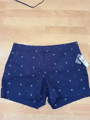 NWT Nautica Navy Blue And White Sailing Anchors Short Shorts In Size 12 • £9.64