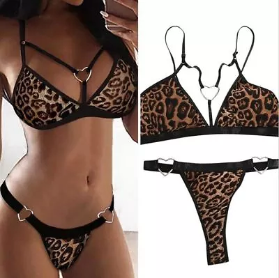 Womens Sexy Lingerie Leopard Bra Ladies Thong Underwear Set Nightwear Sleepwear • £4.27