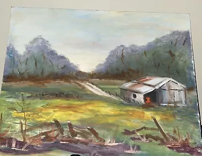 Vintage Artwork Original Cabin Country Nature Scene Painting Canvas Board • $15