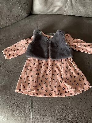 Baby Girl Primark Pink And Grey Dress With Faux Fur Shrug - 6-9 M • £4.75