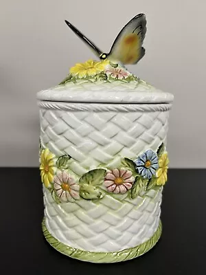 Lefton Basket Weave With Butterfly Finial 10 5/8  Large Canister Cookie Jar RARE • $34