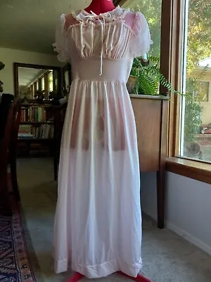 Vintage 40s  Pink  Sheer Nylon Nightgown Size 36 Puff Sleeves Collar Babydoll • $44.99