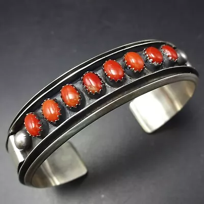 Lovely Signed NAVAJO Sterling Silver RED MEDITERRANEAN CORAL Cuff BRACELET • $375.50