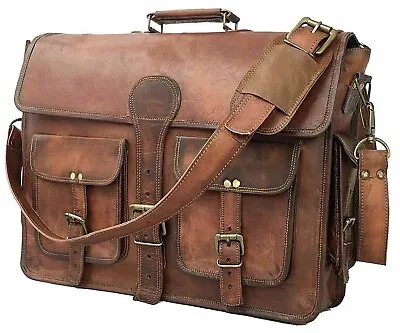 Men's 18  Goat Leather Messenger Real Satchel Bag Genuine Laptop Brown Briefcase • $61.99