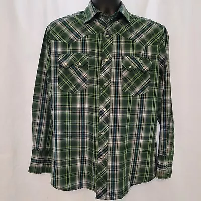 Wrangler Western Green Metallic Plaid Pearl Snap Button Up Shirt Sz M Pockets  • $16