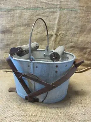 Vintage Galvanized Mop Bucket W Wooden Rollers Antique Pail Barrel 9403 • $95.96