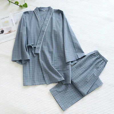 Kimono Men Japanese Pajama Set Long Pants Checked Cotton Sleepwear Nightwear • $29.39