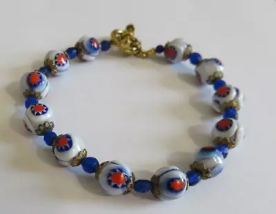 Vintage Italian Venetian Millefiori Glass Bead Bracelet White Red Blue • $23.99