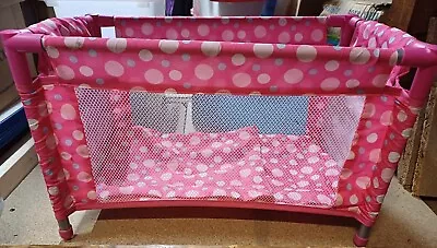 Toy/ Play Baby Doll Crib / Cot Comes With Doll. Pink. Breaks Down • £1.04