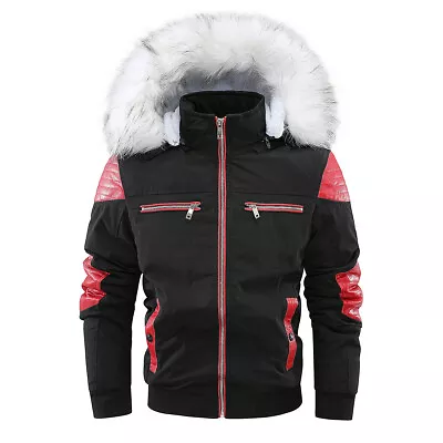 Fur Short Cotton Coat With Leather Men's Cotton Jacket Motorcycle Retro Overcoat • $59.61