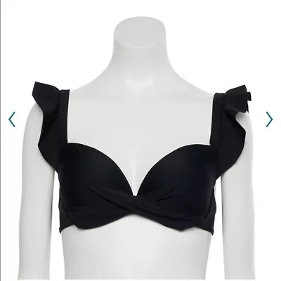 NWT Nicole Miller Twist-Front Ruffle Bikini Top Size L Black • $32.99