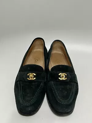 Vtg Chanel Green Cc Logo Turn Lock Loafers 36.5 • $380