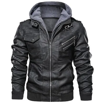 Men’s Casual Stand Collar Leather Zip-Up Motorcycle Bomber Jacket Removable Hood • $50.38