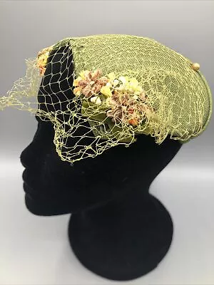 $29.99 • Buy Vintage Skull Cap Fascinator Green Hat Veil Netting Flowers 
