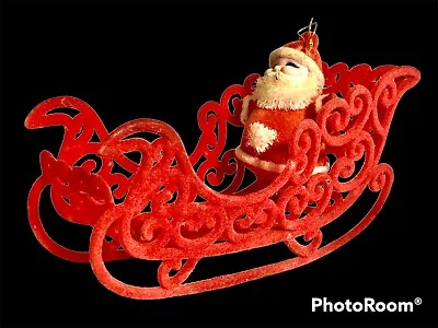 VTG Fuzzy Red Velvet Flocked Sleigh And Santa W/ Plastic Face In Red Velvet Suit • $14.99