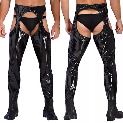 Men Pants PVC Leather Skinny Suspender Tights Chaps Latex Bottomless Clubwear • $14.95