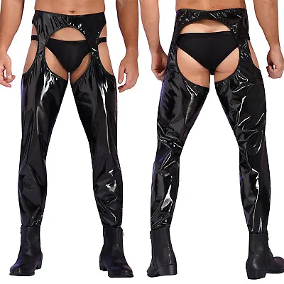 US Men's Pants PVC Leather Skinny Stage Club Solid Zipper Crotch Stretch Tight • $15.48