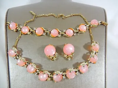 $60 • Buy Vtg Coro Pink Moonglow Lucite Thermoset Rhinestone Necklace Bracelet Earring Set