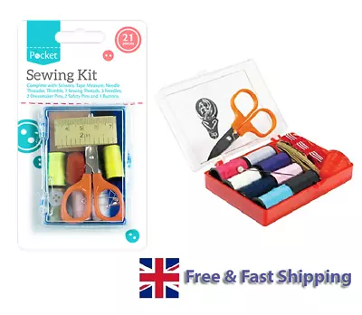 21 Piece Sewing Kit Needle Thread Tape Measure Scissor Thimble Pins Mini Set UK • £2.69