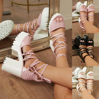 Womens Block Heel Platform Sandals Ladies Chunky Cut Out Gladiator Party Shoes • £12.99