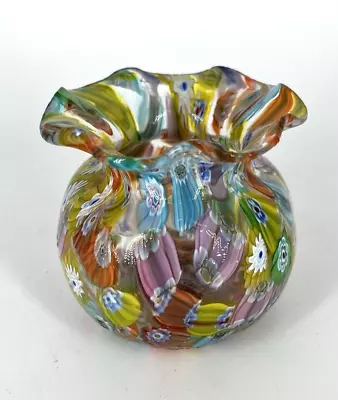 Vintage Venetian Glass Ruffled Vase Millefiori Spring Colors Flowers 3.25  Tall • $58