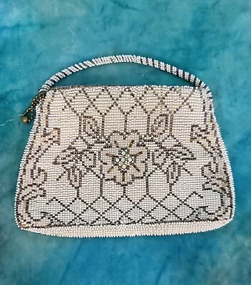 Vtg CZECKOSLOVAKIA Beaded Handbag Zipper Closure Rhinestones Handle Missing Bead • $5