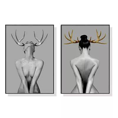 Wall Art 60cmx90cm Girl With Gold Horn 2 Sets Black Frame Canvas • $431.99