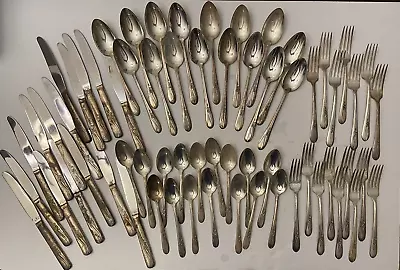 Set Of 64 H&T Mfg. Co. Meadow Flower Silverplate Cutlery Flatware 1940s Vintage • $29