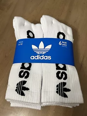 6 PAIRS Adidas Men WHITE/BLACK CREW Socks LARGE 9-12 MSRP $22 • $12.95