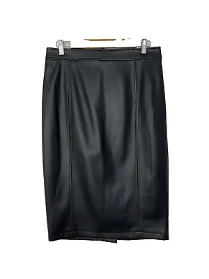 M&Co Pencil Skirt Black Faux Leather Below The Knee Back Vent Zip Fly Size UK 12 • £14.99