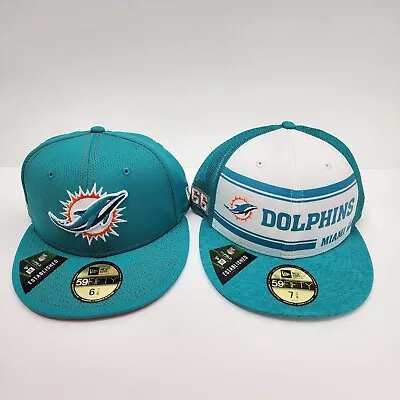 Men's NFL Miami Dolphins New Era 5950 59Fifty Set Of 2 Fitted Hat 6 7/8 & 7 3/8 • $0.99