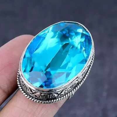 Swiss Blue Topaz Gemstone Handmade 925 Steling Silver Jewelry Ring Size 7.5 Z630 • $9.99