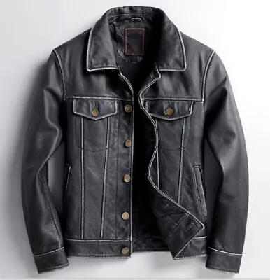 Men's Real Leather Black Trucker Jacket Fashion Waxed Distressed Buttoned Coat • $59.99