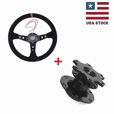 US 350mm Deep Dished Racing Suede Alloy Steering Wheel & Quick Release Hub Kit • $40.99