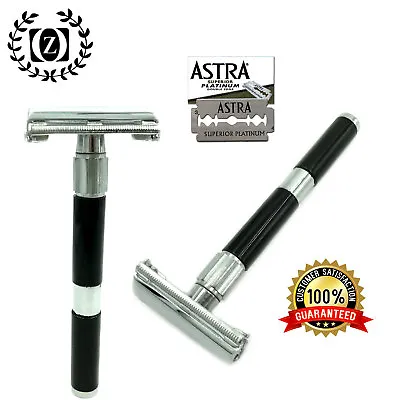 Long Handle Double Edge Butterfly Opening Safety Razor + Free Blades Black • $11.99