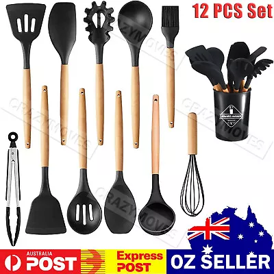 $21.93 • Buy Set Of 12 Silicone Utensils Set Wooden Cooking Kitchen Baking Cookware VIC