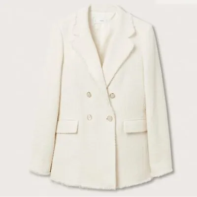 Mango Tweed Slim Fit Suit Blazer Light Beige Double Breasted Size Medium • $80