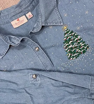 Quacker Factory Christmas Tree Embroidered Denim Shirt Shacket 3X Beaded Sequin • $26