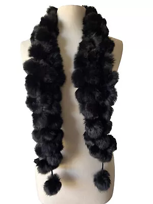 NEW 100% Rabbit Fur Black Brown Pom Pom Scarf Shawl Soft Warm 56 X 4” Fast Shipq • $14