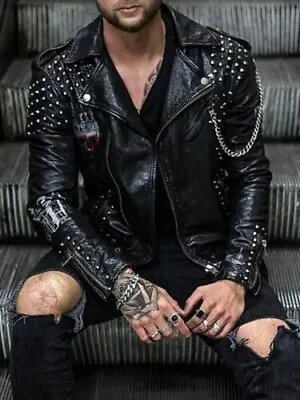 Mens Studded Biker Classic Brando Leather Jacket Men Jacket Gift For Him • $269